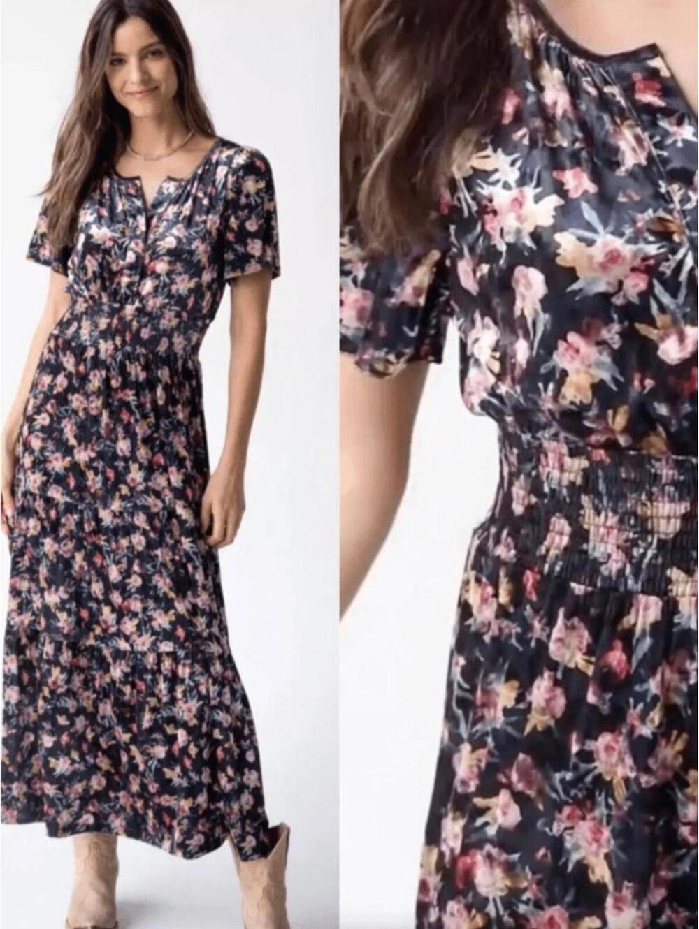 Natural Life Bella Floral Velvet Maxi Dress L Boho Cottagecore Smocked Waist